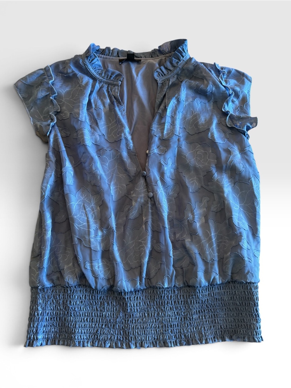 Light Blue Ruffled Neck Cap Sleeve Blouse - Picture 2 of 7